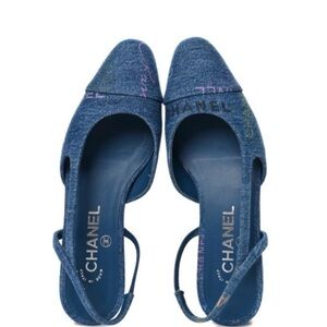 CHANEL Blue Denim Slingback Heels